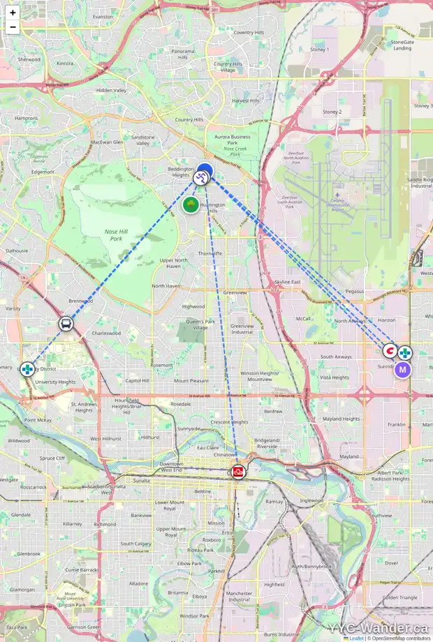 Daily accessibility map for 144 BERGEN RD NW, Calgary showing nearby schools, grocery stores, parks, LRT stations and nearby amenities