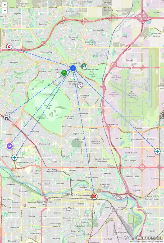 Daily accessibility map for 131 COUNTRY HILLS CO NW, Calgary showing nearby schools, grocery stores, parks, LRT stations and nearby amenities