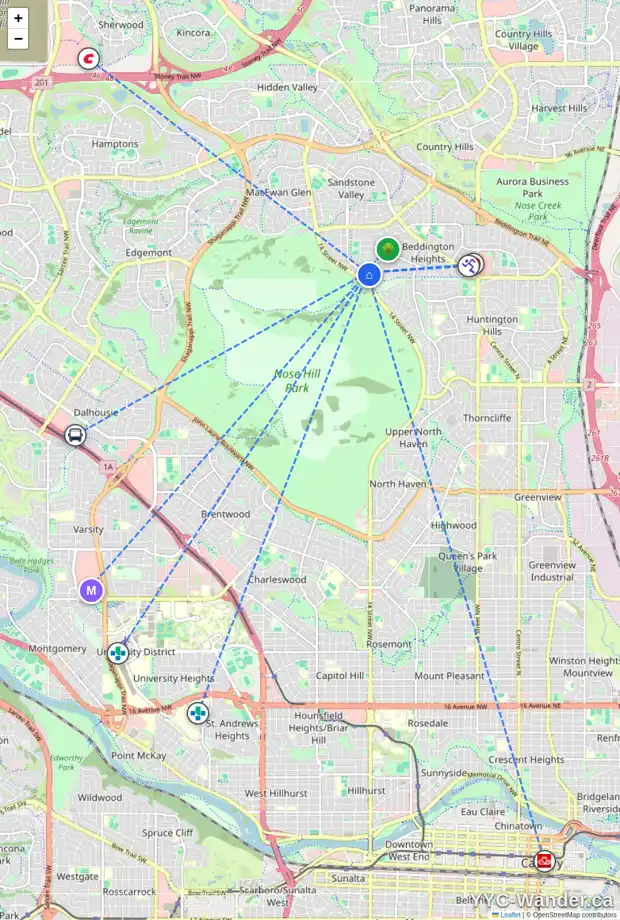 Daily accessibility map for 67 BERMONDSEY CR NW, Calgary showing nearby schools, grocery stores, parks, LRT stations and nearby amenities