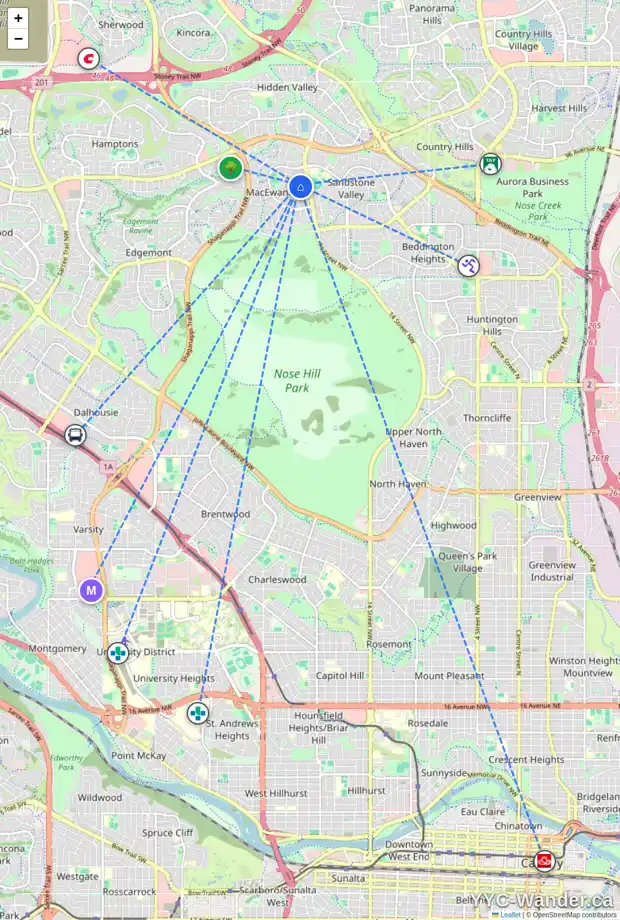 Daily accessibility map for 76 MACEWAN MEADOW CR NW, Calgary showing nearby schools, grocery stores, parks, LRT stations and nearby amenities