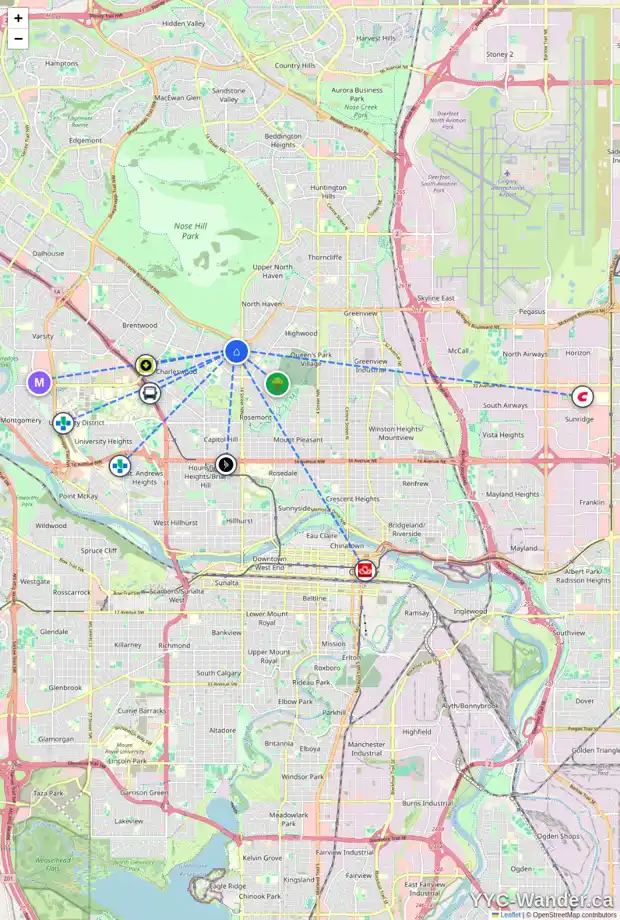 Daily accessibility map for 1627 CAYUGA DR NW, Calgary showing nearby schools, grocery stores, parks, LRT stations and nearby amenities