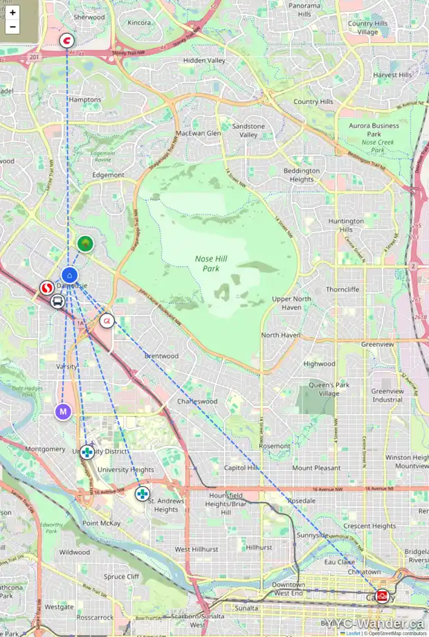 Daily accessibility map for 4815 DALHART RD NW, Calgary showing nearby schools, grocery stores, parks, LRT stations and nearby amenities