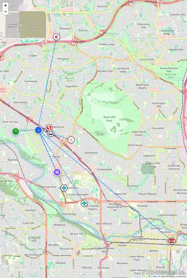 Daily accessibility map for 412 VARSITY ESTATES PL NW, Calgary showing nearby schools, grocery stores, parks, LRT stations and nearby amenities