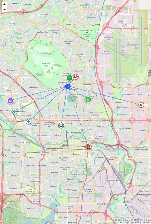 Daily accessibility map for 144 HOUNSLOW DR NW, Calgary showing nearby schools, grocery stores, parks, LRT stations and nearby amenities