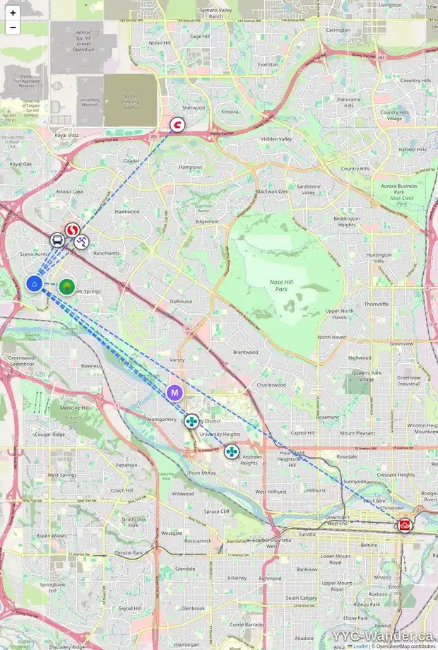 Daily accessibility map for 28 SCANDIA PT NW, Calgary showing nearby schools, grocery stores, parks, LRT stations and nearby amenities