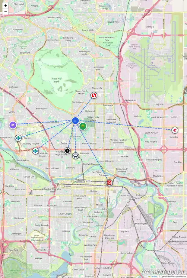 Daily accessibility map for 36 CADOGAN RD NW, Calgary showing nearby schools, grocery stores, parks, LRT stations and nearby amenities