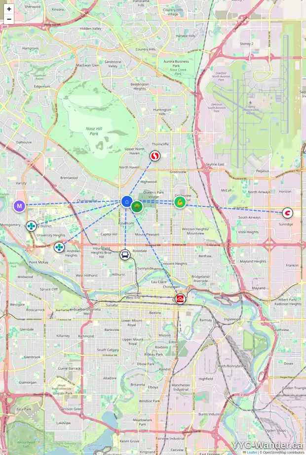 Daily accessibility map for 680 NORTHMOUNT DR NW, Calgary showing nearby schools, grocery stores, parks, LRT stations and nearby amenities