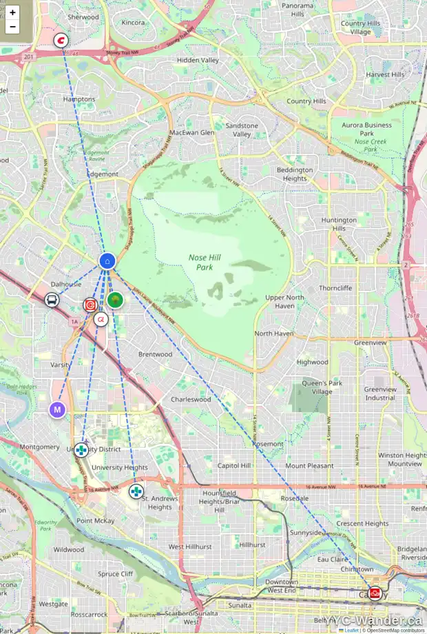 Daily accessibility map for 1044 EDGEMONT RD NW, Calgary showing nearby schools, grocery stores, parks, LRT stations and nearby amenities
