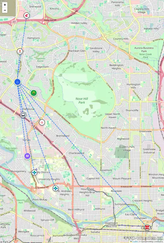 Daily accessibility map for 123 EDGEHILL DR NW, Calgary showing nearby schools, grocery stores, parks, LRT stations and nearby amenities