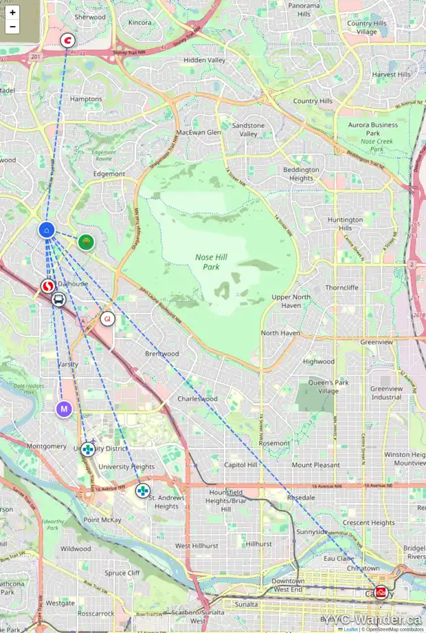 Daily accessibility map for 576 DALMENY HL NW, Calgary showing nearby schools, grocery stores, parks, LRT stations and nearby amenities
