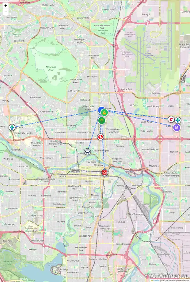 Daily accessibility map for 3712 CENTRE A ST NE, Calgary showing nearby schools, grocery stores, parks, LRT stations and nearby amenities