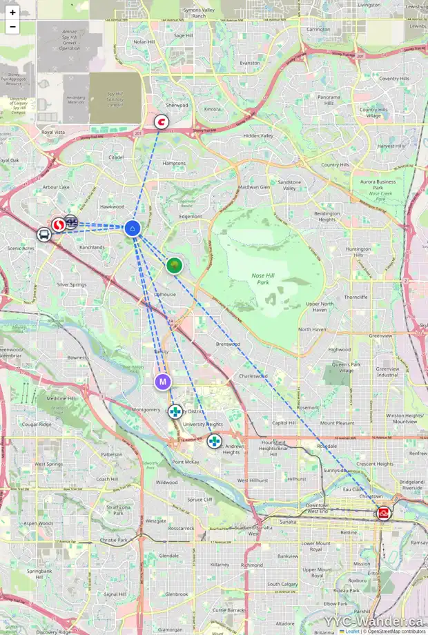 Daily accessibility map for 28 HAWKSBROW PL NW, Calgary showing nearby schools, grocery stores, parks, LRT stations and nearby amenities