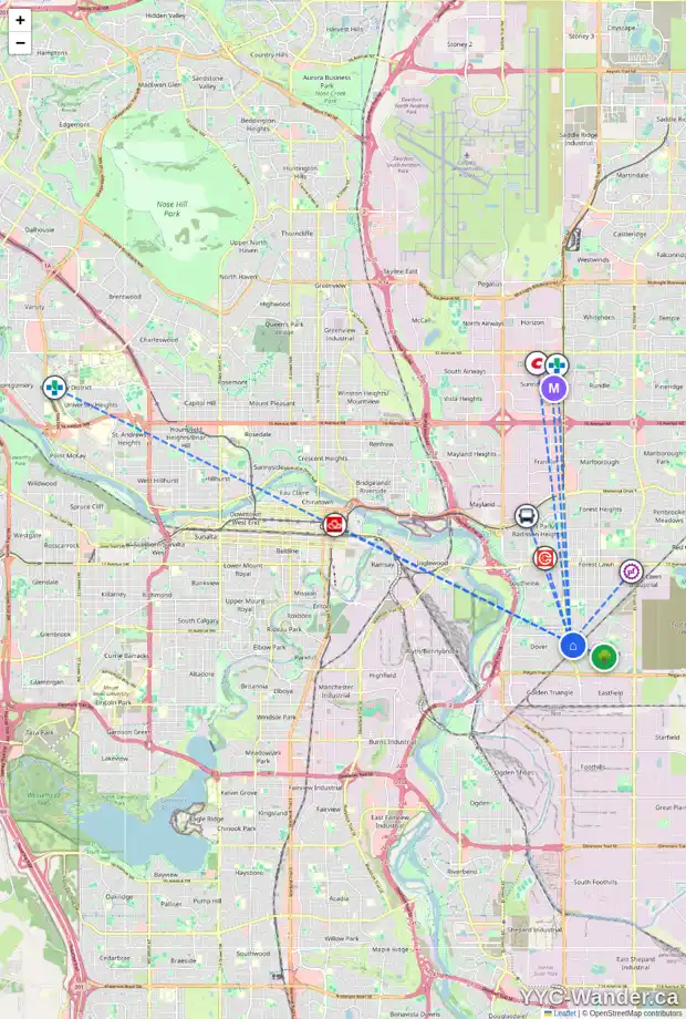 Daily accessibility map for 3736 DOVER RIDGE DR SE, Calgary showing nearby schools, grocery stores, parks, LRT stations and nearby amenities