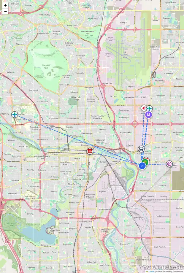 Daily accessibility map for 2026 27 ST SE, Calgary showing nearby schools, grocery stores, parks, LRT stations and nearby amenities