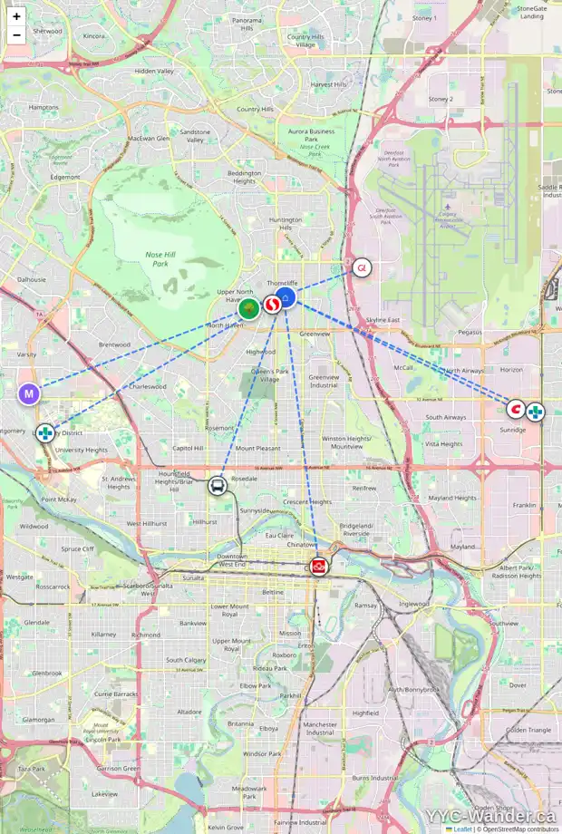 Daily accessibility map for 5919 THORNTON RD NW, Calgary showing nearby schools, grocery stores, parks, LRT stations and nearby amenities