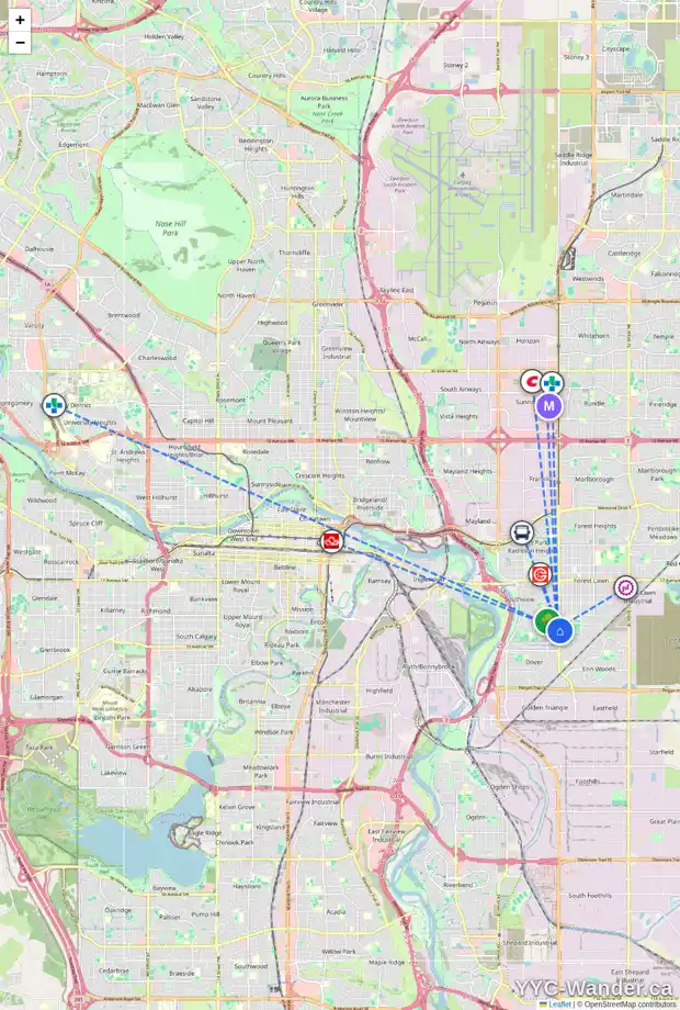 Daily accessibility map for 3628 29A AV SE, Calgary showing nearby schools, grocery stores, parks, LRT stations and nearby amenities