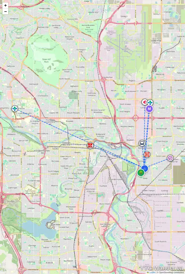 Daily accessibility map for 3011 28A ST SE, Calgary showing nearby schools, grocery stores, parks, LRT stations and nearby amenities