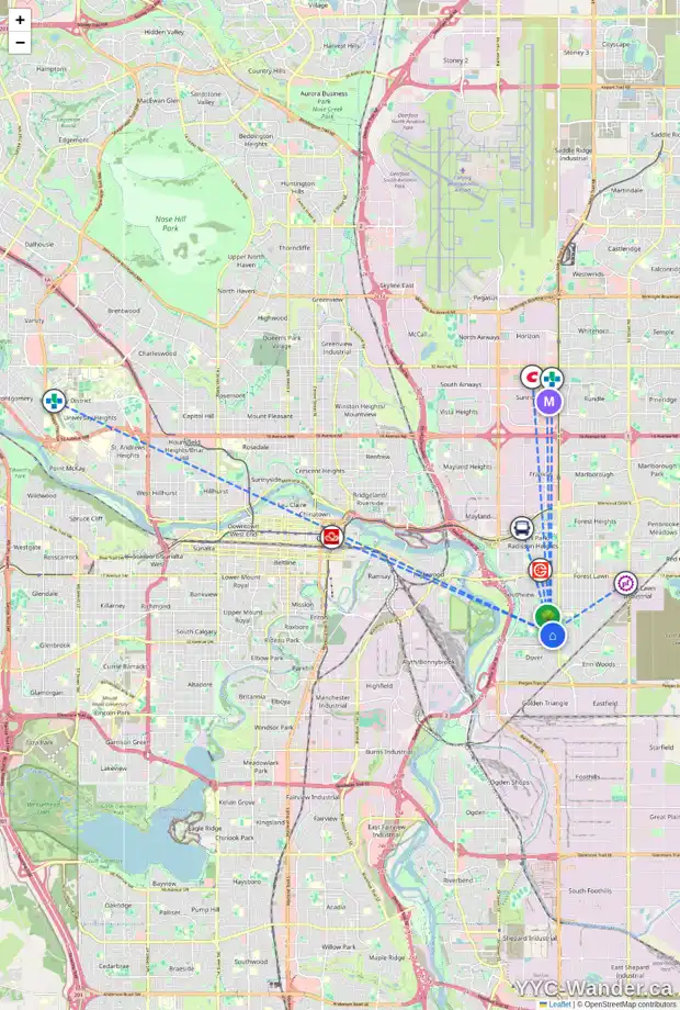 Daily accessibility map for 3420 31A AV SE, Calgary showing nearby schools, grocery stores, parks, LRT stations and nearby amenities