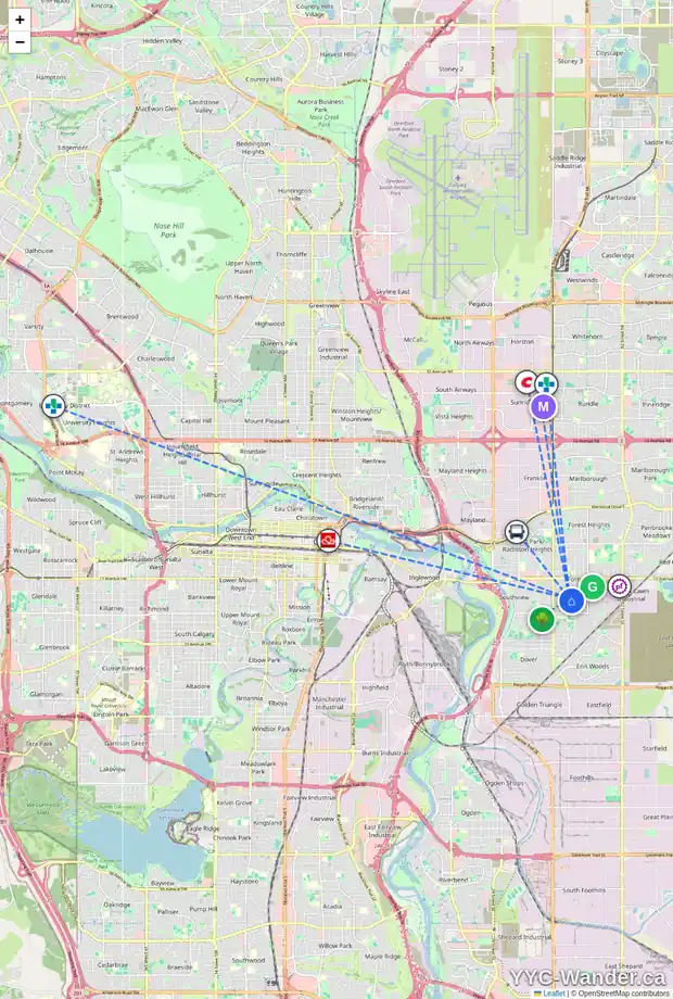 Daily accessibility map for 2231 40 ST SE, Calgary showing nearby schools, grocery stores, parks, LRT stations and nearby amenities