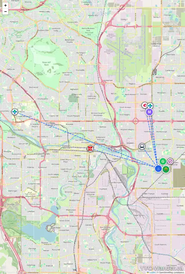 Daily accessibility map for 2615 41 ST SE, Calgary showing nearby schools, grocery stores, parks, LRT stations and nearby amenities