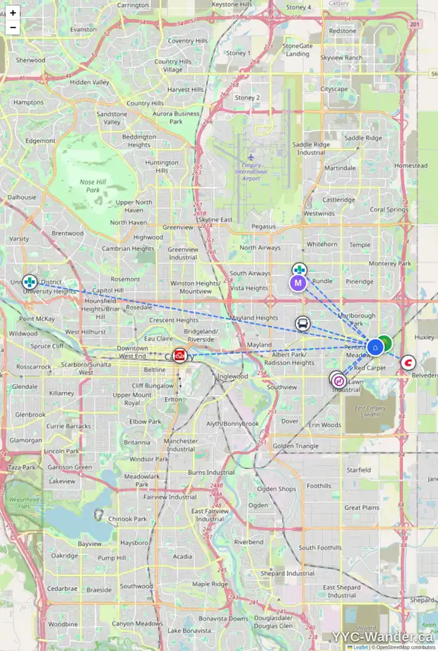 Daily accessibility map for 6735 3 AV SE, Calgary showing nearby schools, grocery stores, parks, LRT stations and nearby amenities