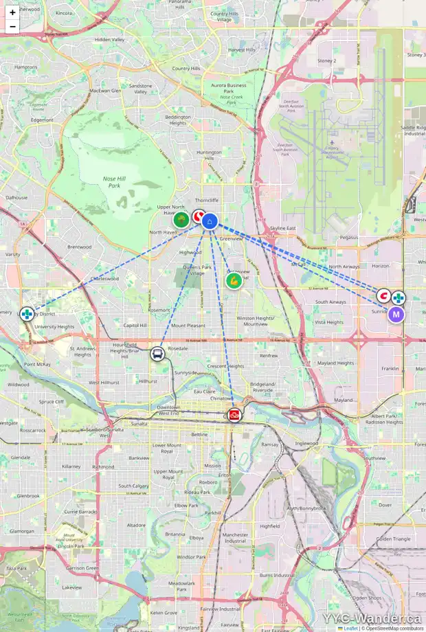 Daily accessibility map for 5416 THORNDALE RD NW, Calgary showing nearby schools, grocery stores, parks, LRT stations and nearby amenities