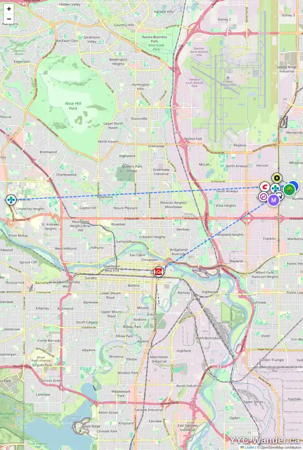 Daily accessibility map for 150 RUNDLESON PL NE, Calgary showing nearby schools, grocery stores, parks, LRT stations and nearby amenities