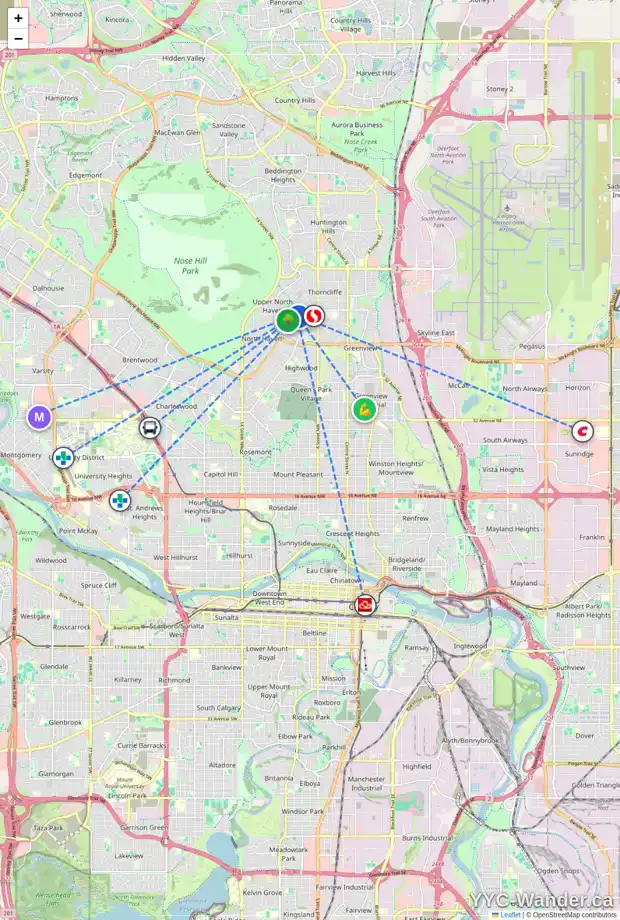 Daily accessibility map for 807 TRAFFORD DR NW, Calgary showing nearby schools, grocery stores, parks, LRT stations and nearby amenities