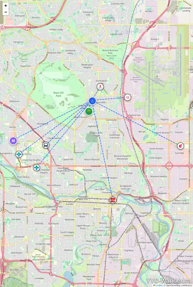 Daily accessibility map for 20 THORNABY CR NW, Calgary showing nearby schools, grocery stores, parks, LRT stations and nearby amenities