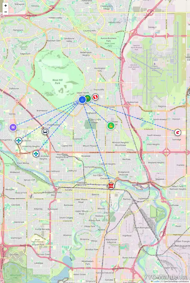Daily accessibility map for 1106 NOKOMIS PL NW, Calgary showing nearby schools, grocery stores, parks, LRT stations and nearby amenities