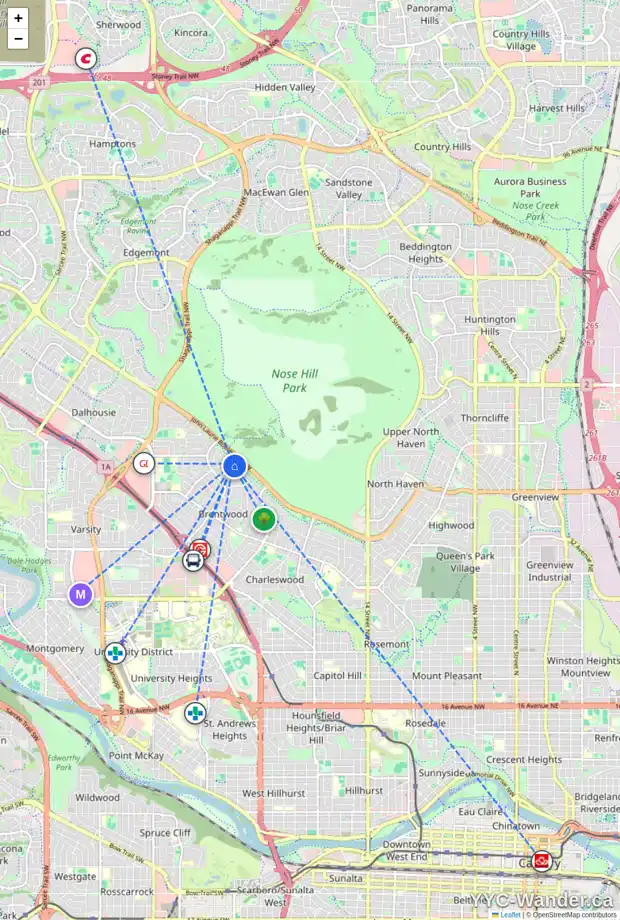 Daily accessibility map for 3100 CONRAD DR NW, Calgary showing nearby schools, grocery stores, parks, LRT stations and nearby amenities
