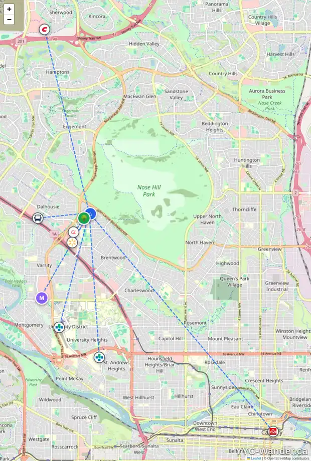 Daily accessibility map for 5607 BRENNER CR NW, Calgary showing nearby schools, grocery stores, parks, LRT stations and nearby amenities