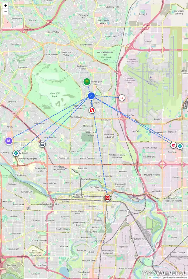 Daily accessibility map for 711 64 AV NW, Calgary showing nearby schools, grocery stores, parks, LRT stations and nearby amenities
