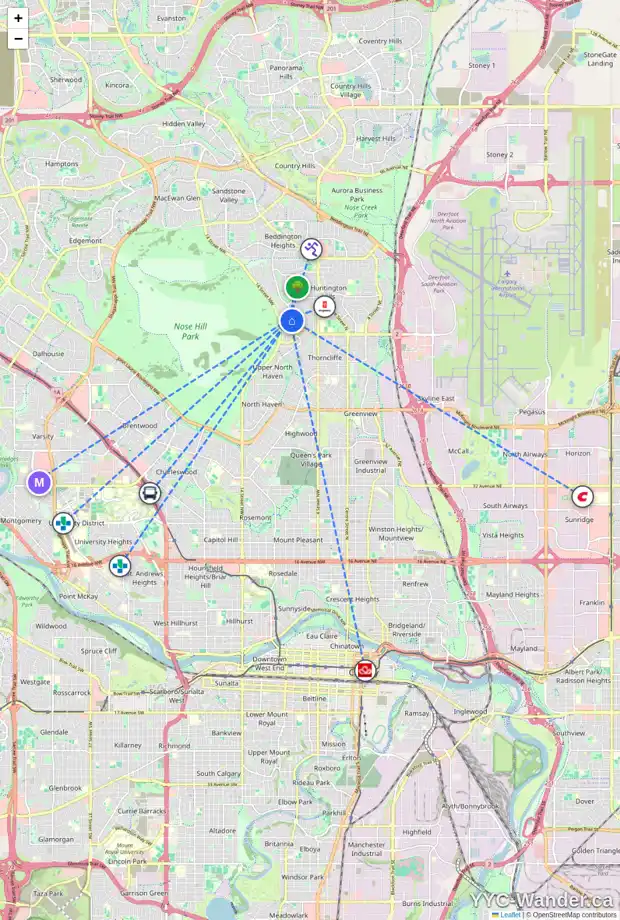 Daily accessibility map for 7019 HUNTERVIEW DR NW, Calgary showing nearby schools, grocery stores, parks, LRT stations and nearby amenities