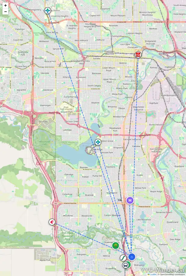 Daily accessibility map for 15 MIDNAPORE PL SE, Calgary showing nearby schools, grocery stores, parks, LRT stations and nearby amenities