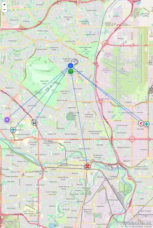 Daily accessibility map for 812 HUNTERSTON CR NW, Calgary showing nearby schools, grocery stores, parks, LRT stations and nearby amenities