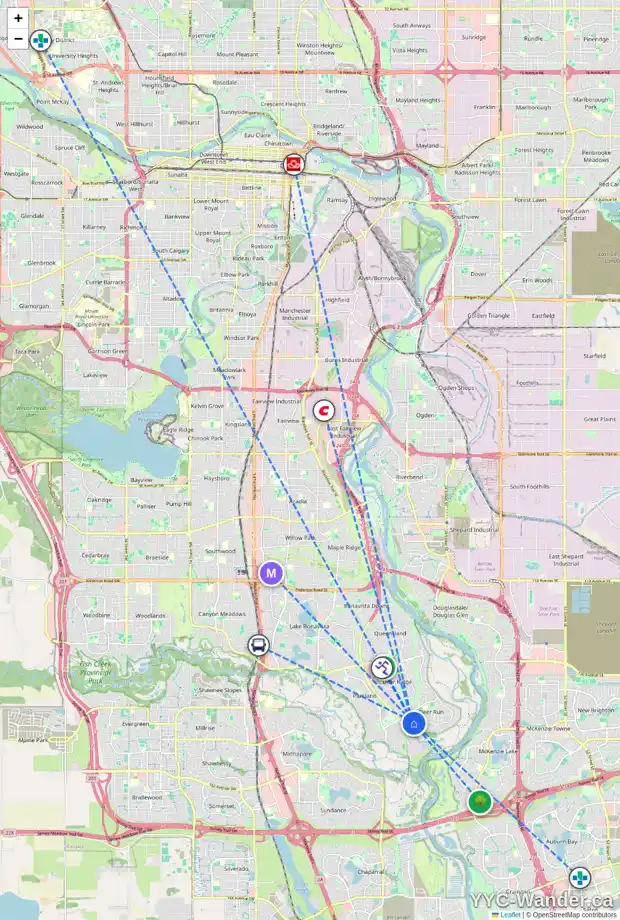 Daily accessibility map for 32 DEERBOW CI SE, Calgary showing nearby schools, grocery stores, parks, LRT stations and nearby amenities