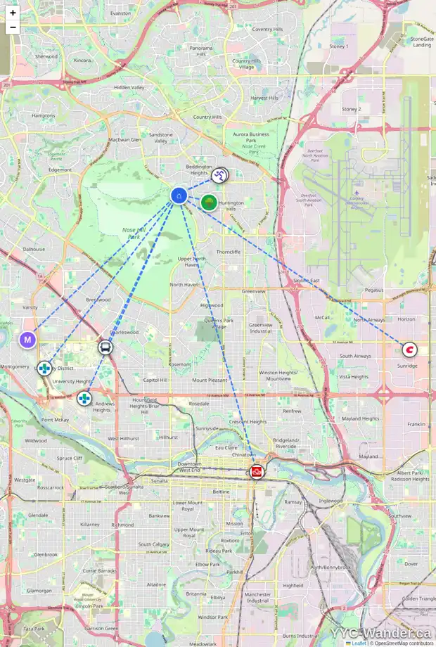 Daily accessibility map for 1437 HUNTERBROOK RD NW, Calgary showing nearby schools, grocery stores, parks, LRT stations and nearby amenities