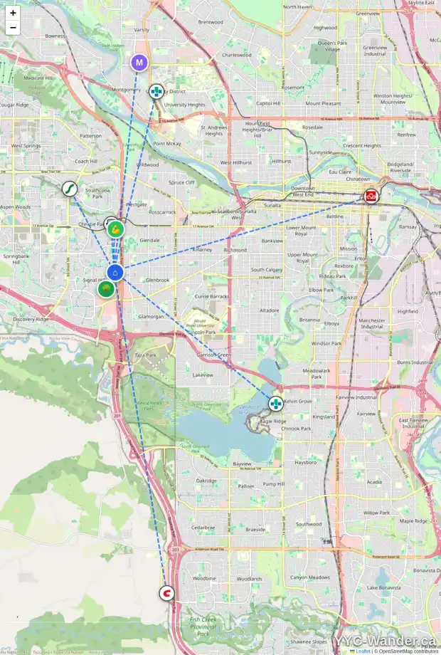 Daily accessibility map for 210 SIGNAL HILL PL SW, Calgary showing nearby schools, grocery stores, parks, LRT stations and nearby amenities