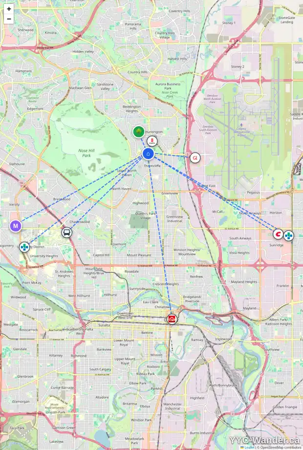 Daily accessibility map for 512 HUNTS CR NW, Calgary showing nearby schools, grocery stores, parks, LRT stations and nearby amenities
