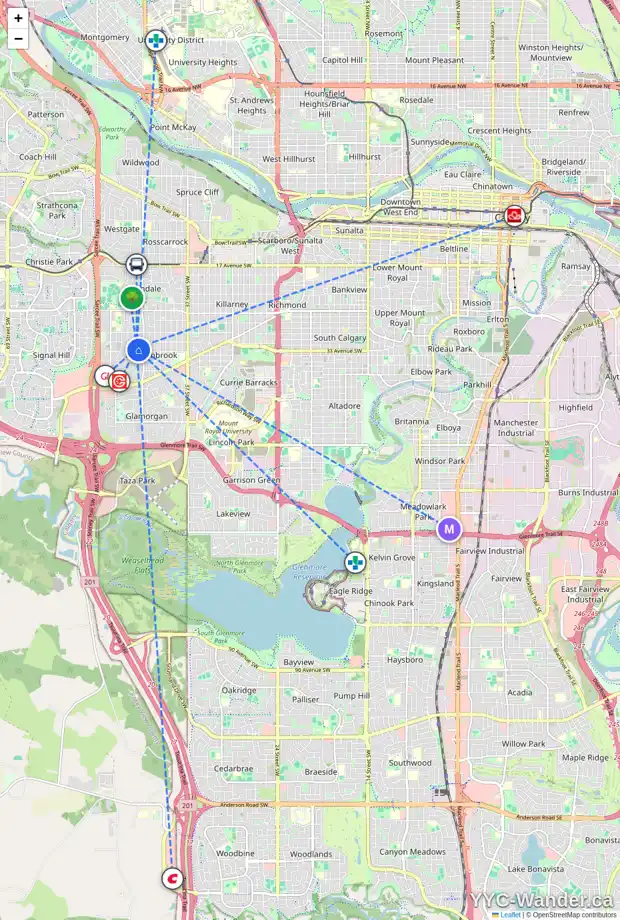 Daily accessibility map for 3323 46 ST SW, Calgary showing nearby schools, grocery stores, parks, LRT stations and nearby amenities