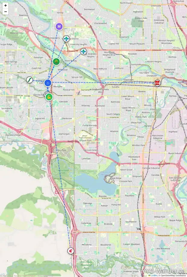 Daily accessibility map for 603 STRATHCONA DR SW, Calgary showing nearby schools, grocery stores, parks, LRT stations and nearby amenities