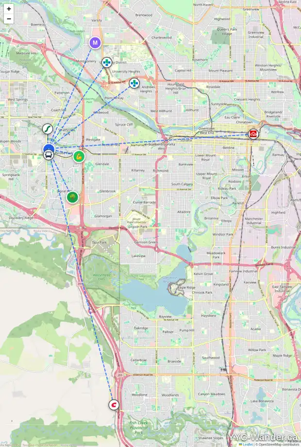 Daily accessibility map for 6955 CHRISTIE BRIAR MR SW, Calgary showing nearby schools, grocery stores, parks, LRT stations and nearby amenities