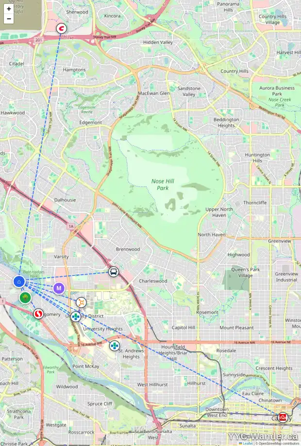 Daily accessibility map for 6127 BOW CR NW, Calgary showing nearby schools, grocery stores, parks, LRT stations and nearby amenities