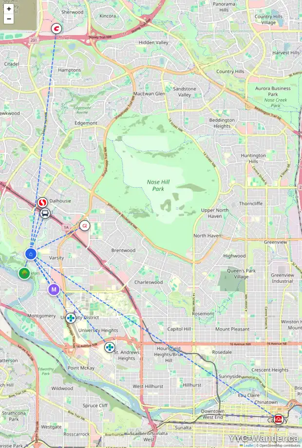 Daily accessibility map for 4160 VARSITY RD NW, Calgary showing nearby schools, grocery stores, parks, LRT stations and nearby amenities