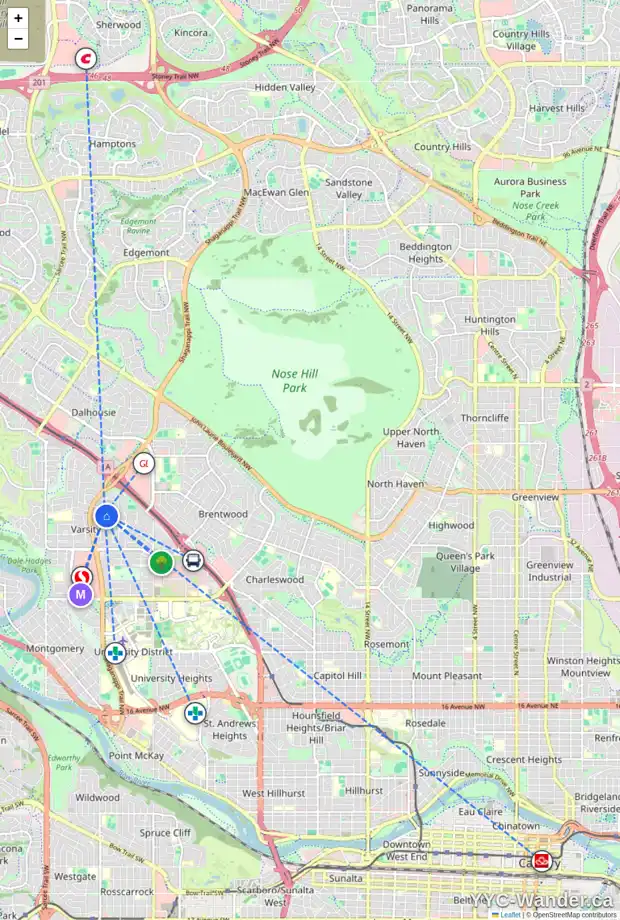 Daily accessibility map for 4524 VARSITY DR NW, Calgary showing nearby schools, grocery stores, parks, LRT stations and nearby amenities