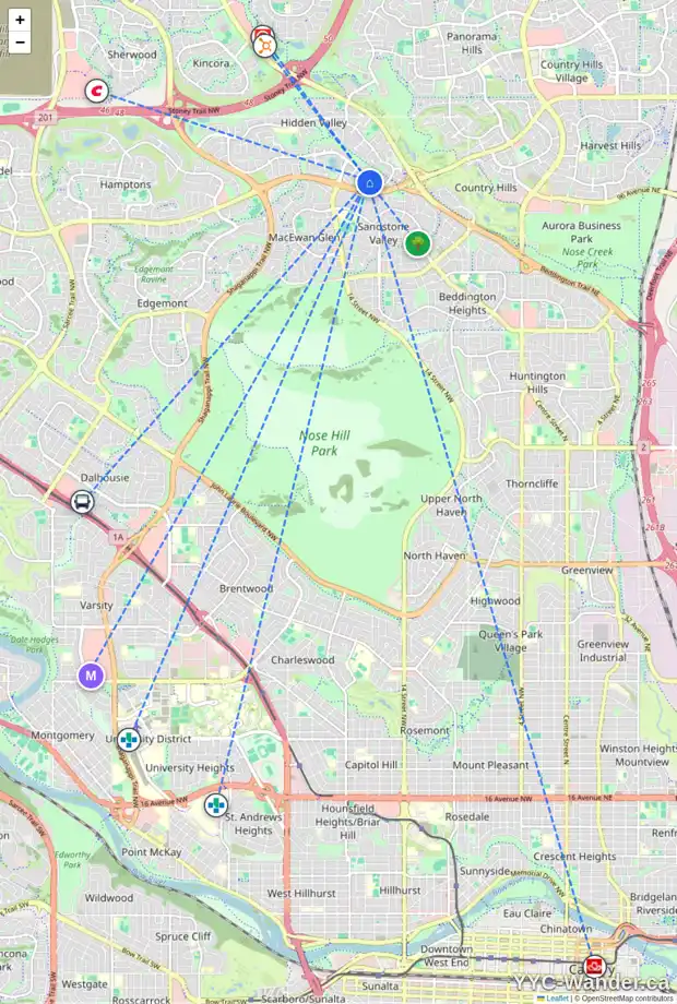 Daily accessibility map for 10213 HIDDEN VALLEY DR NW, Calgary showing nearby schools, grocery stores, parks, LRT stations and nearby amenities