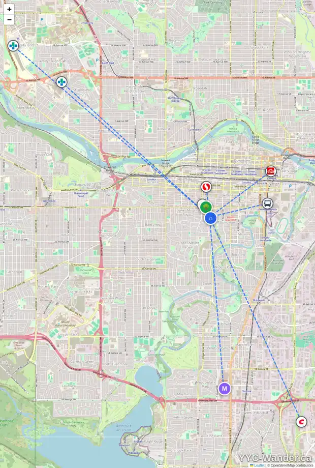 Daily accessibility map for 1912 7 ST SW, Calgary showing nearby schools, grocery stores, parks, LRT stations and nearby amenities