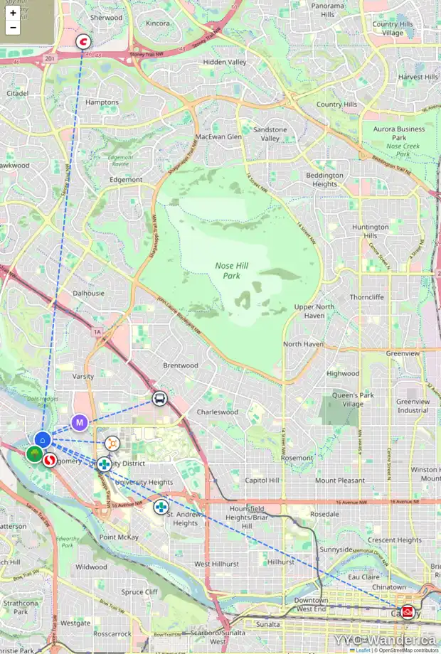 Daily accessibility map for 1909 52 ST NW, Calgary showing nearby schools, grocery stores, parks, LRT stations and nearby amenities