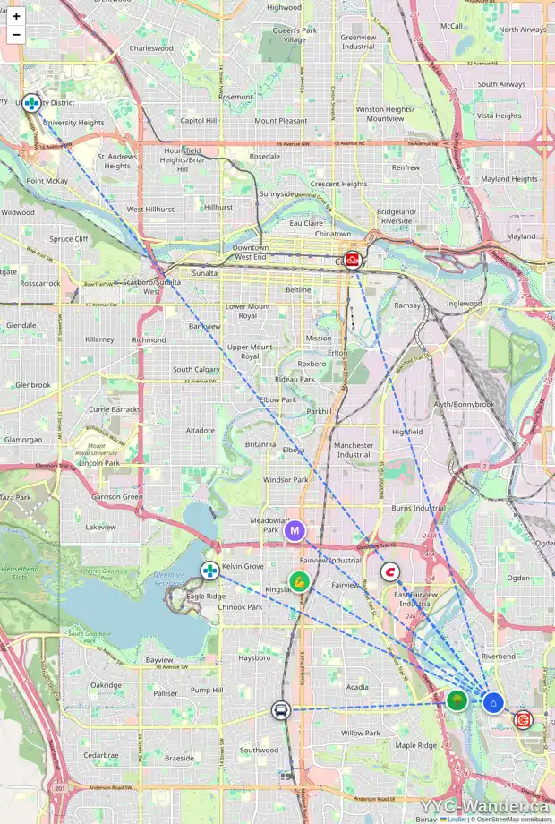 Daily accessibility map for 250 RIVERVIEW CI SE, Calgary showing nearby schools, grocery stores, parks, LRT stations and nearby amenities